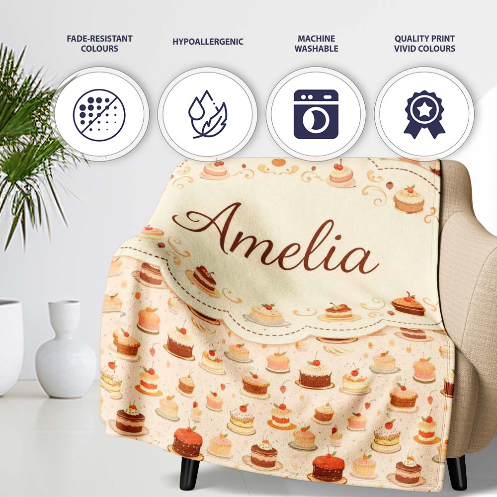 Cake Slice Repeat Seamless Pattern Dessert Sweet Food Design Lovely Personalised Custom Name Super Soft Fleece Blanket Bed Sofa Throw