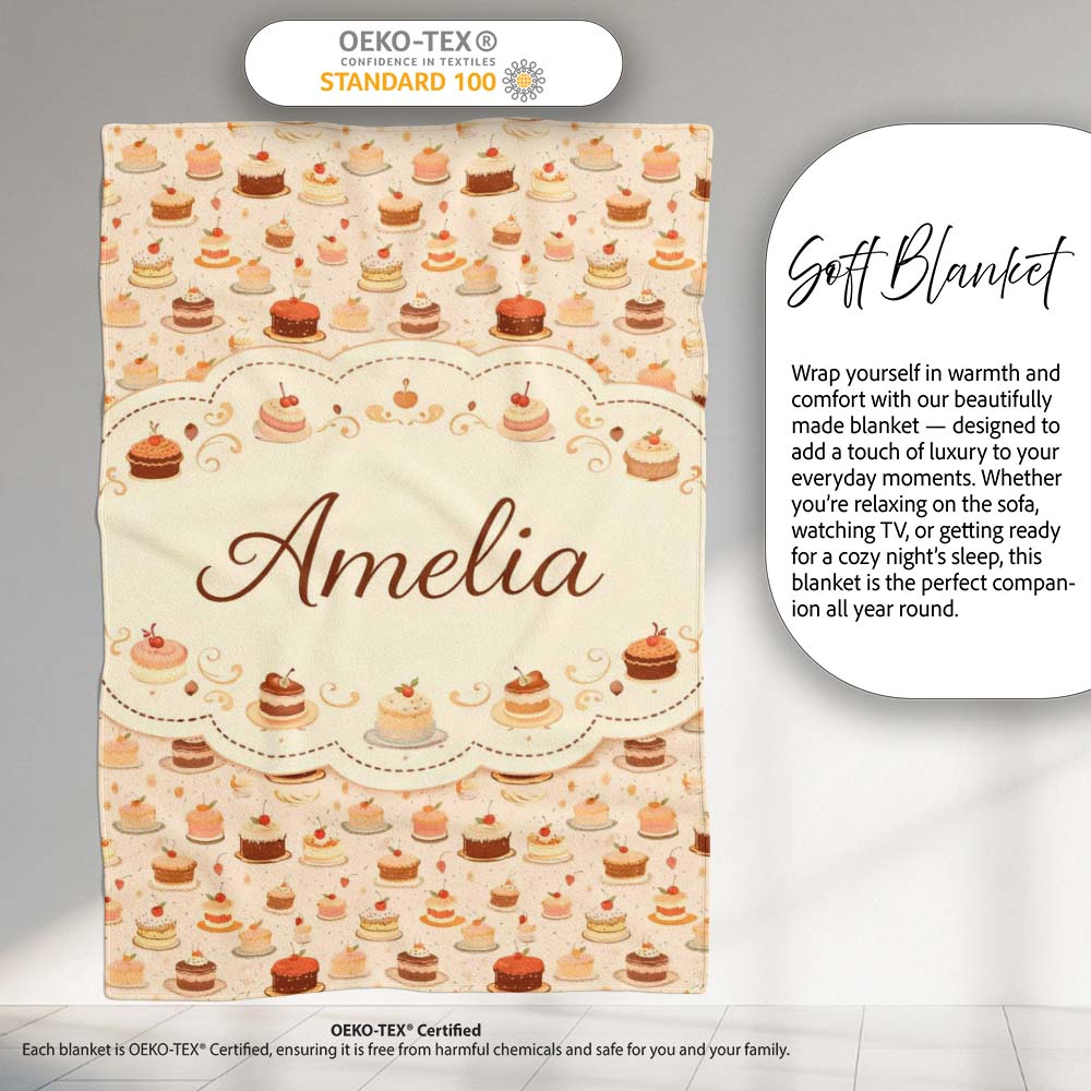 Cake Slice Repeat Seamless Pattern Dessert Sweet Food Design Lovely Personalised Custom Name Super Soft Fleece Blanket Bed Sofa Throw