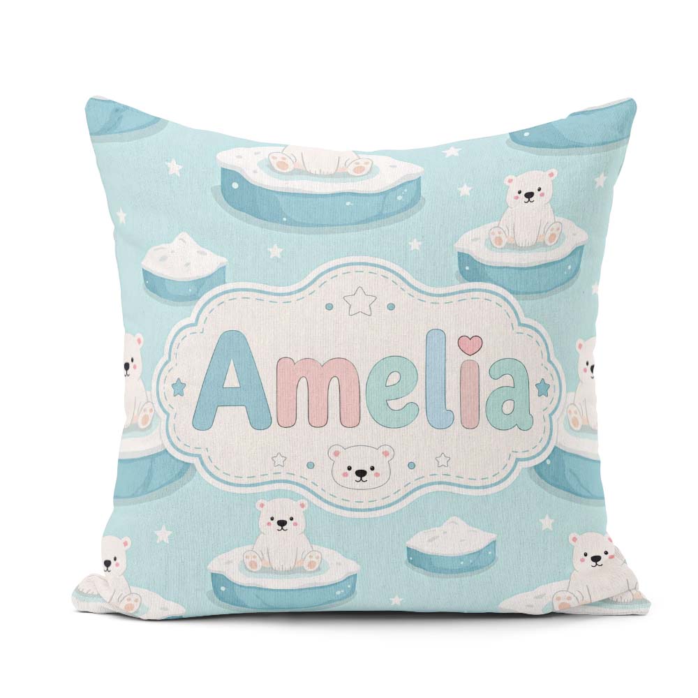 Custom Name Cute Polar Bears on Ice Floes Arctic Winter Seamless Square Filled Cushion Throw Pillow Sofa Bed Home Decor Zip Washable UK Made