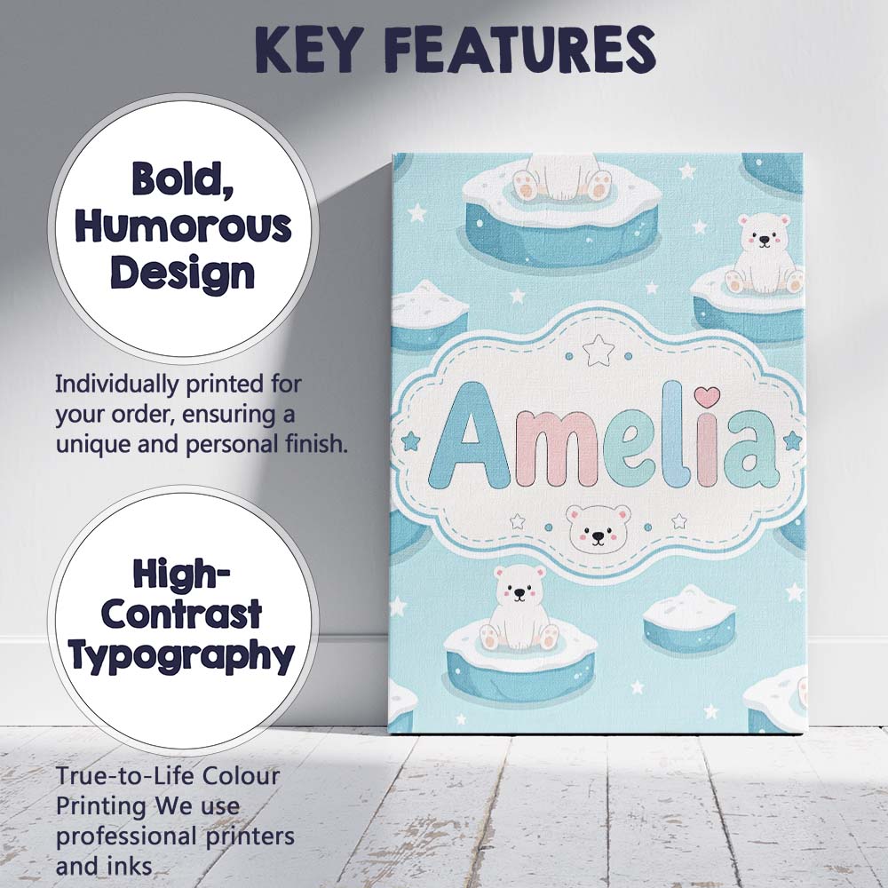 Personalised Name Cute Polar Bears on Ice Custom Unique Gift Idea Elegant Feature Canvas Wall Art Print Decor Picture Ready to Hang