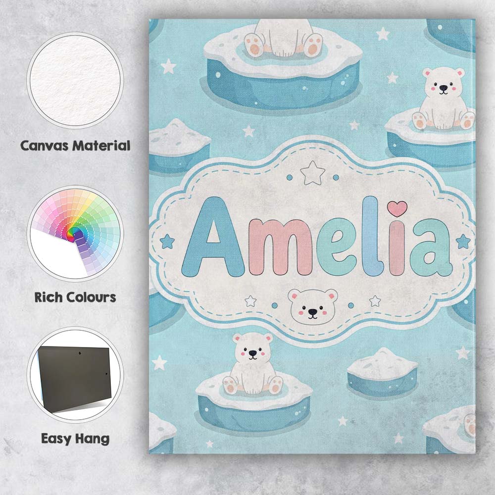 Personalised Name Cute Polar Bears on Ice Custom Unique Gift Idea Elegant Feature Canvas Wall Art Print Decor Picture Ready to Hang