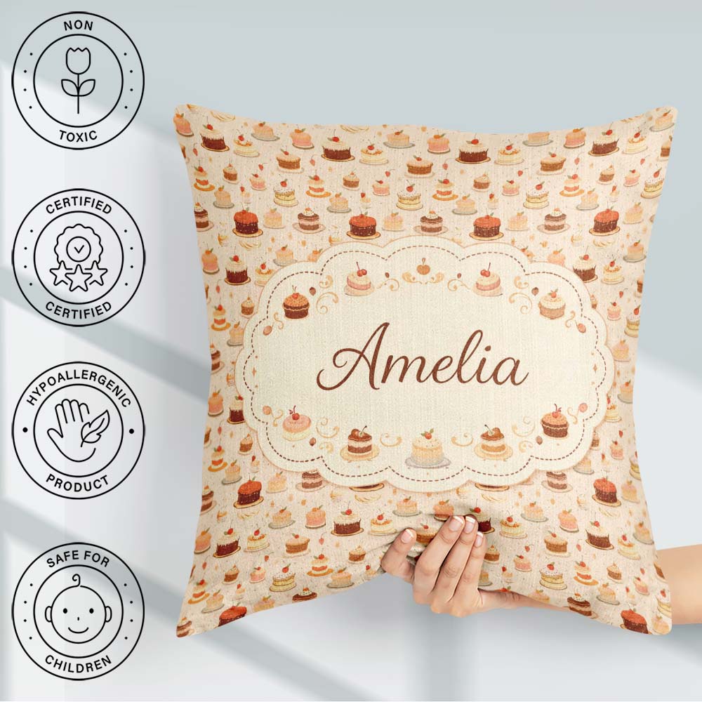 Custom Name Cake Slice Repeat Seamless Pattern Sweet Food Design Square Filled Cushion Throw Pillow Sofa Bed Home Decor Zip Washable UK Made