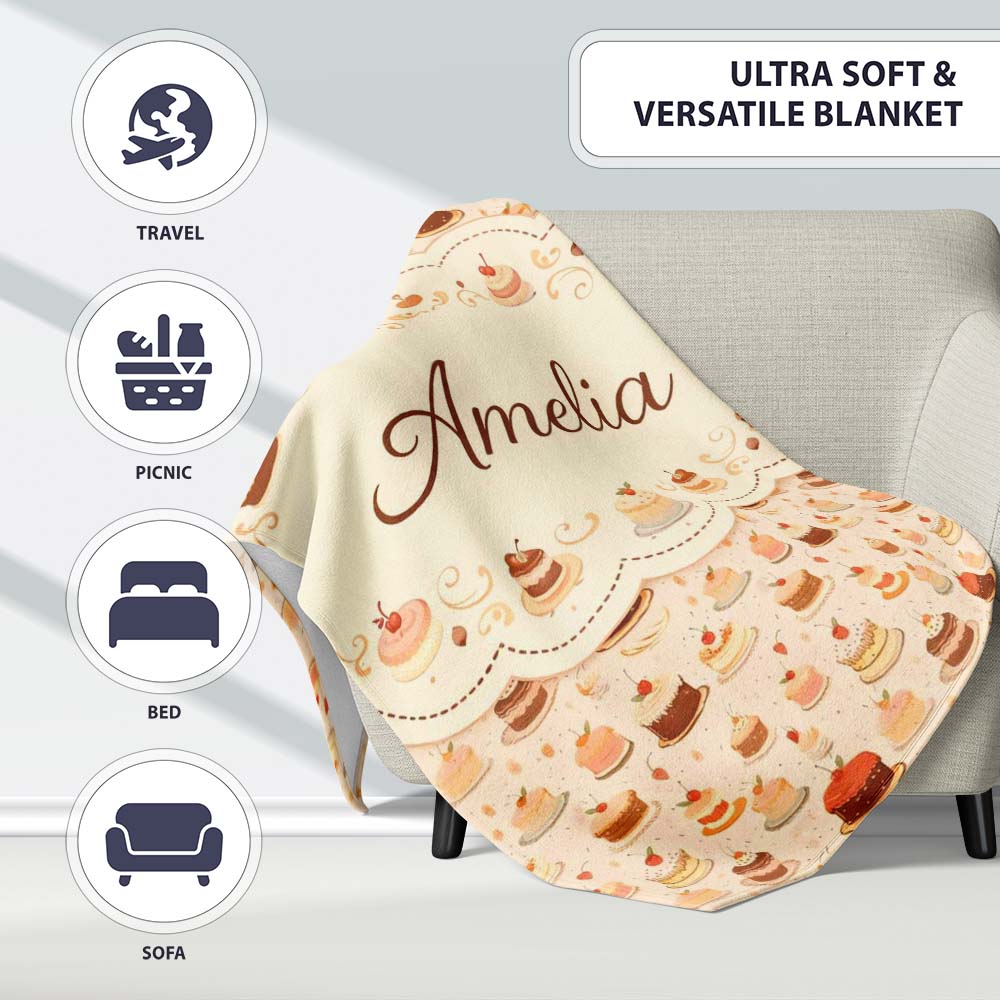 Cake Slice Repeat Seamless Pattern Dessert Sweet Food Design Lovely Personalised Custom Name Super Soft Fleece Blanket Bed Sofa Throw