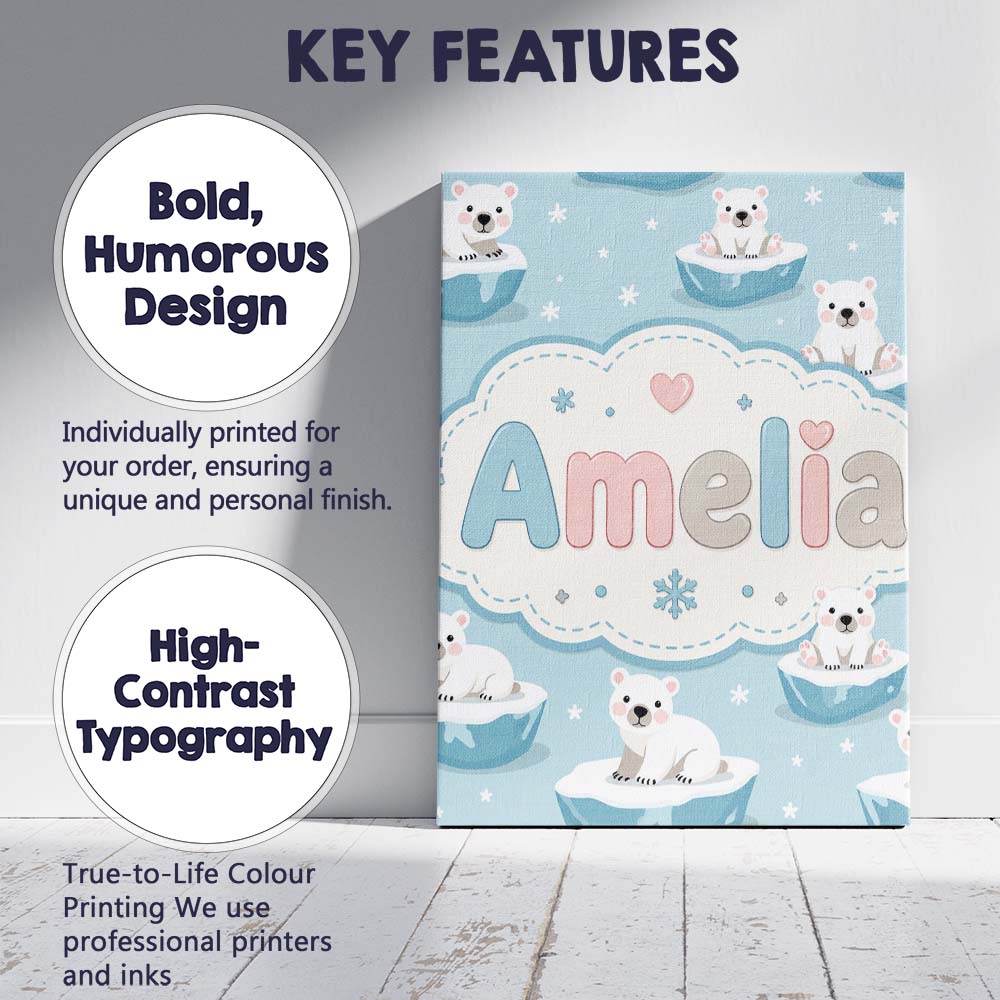 Personalised Name Cute Polar Bear Cubs Custom Modern Room Accent Elegant Feature Canvas Wall Art Print Decor Picture Ready to Hang