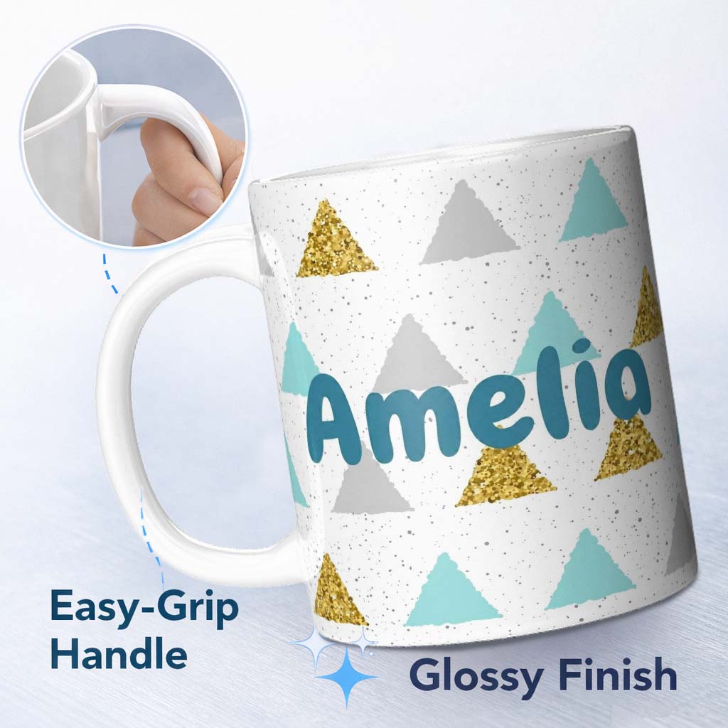 Personalized Custom Name Modern Christmas Tree Triangle Gold Glitter Minimal Seamless Pattern 11oz Ceramic Coffee Tea Mug White Large Handle