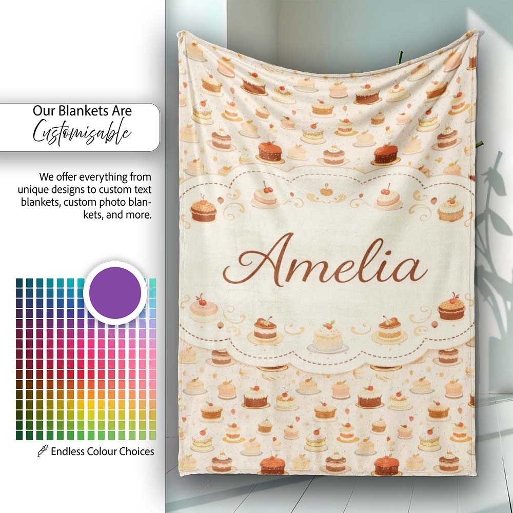 Cake Slice Repeat Seamless Pattern Dessert Sweet Food Design Lovely Personalised Custom Name Super Soft Fleece Blanket Bed Sofa Throw