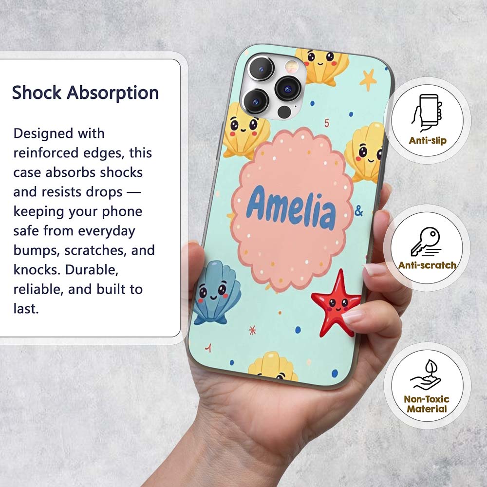 Cute Kawaii Seashells Starfish Ocean Beach Fun Custom Name Protective Phone Case Mobile Cover Durable Everyday Smartphone Shock Resistant