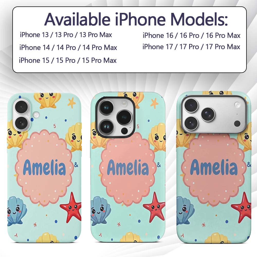 Cute Kawaii Seashells Starfish Ocean Beach Fun Custom Name Protective Phone Case Mobile Cover Durable Everyday Smartphone Shock Resistant