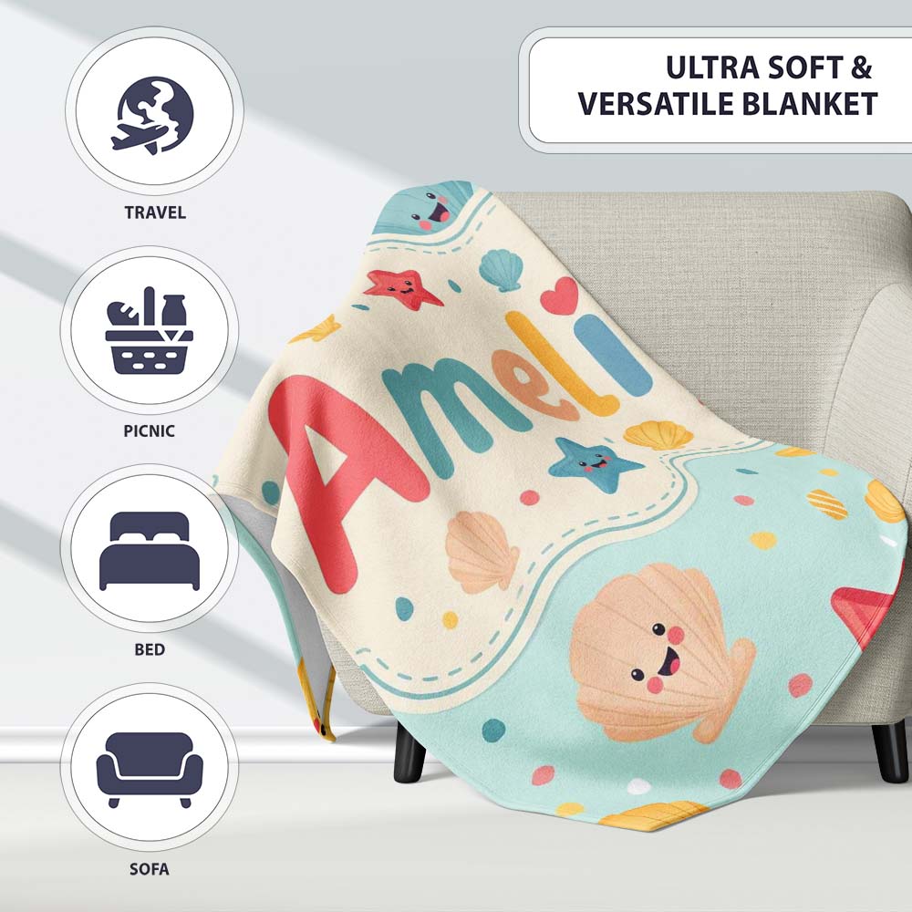 Cute Kawaii Seashells Starfish Pastel Ocean Confetti Seamless Lovely Personalised Custom Name Super Soft Fleece Blanket Bed Sofa Throw