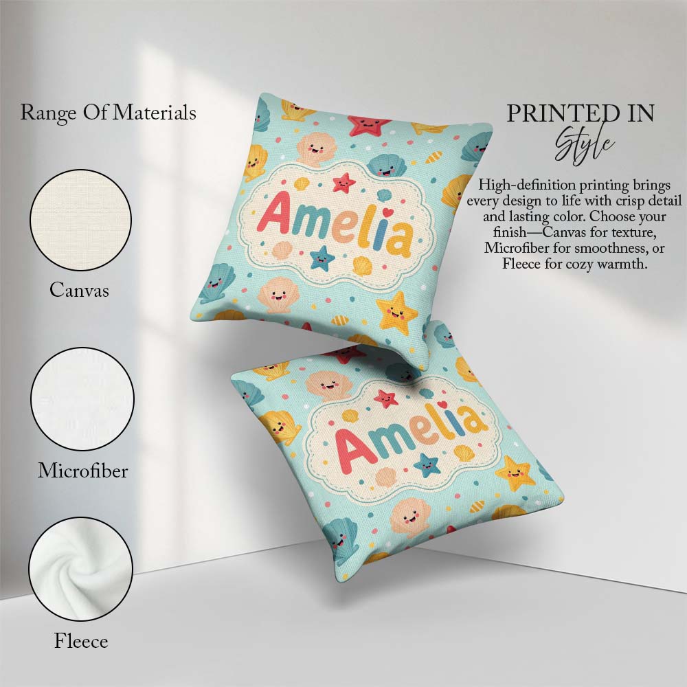 Custom Name Cute Kawaii Seashells Starfish Pastel Ocean Confetti Square Filled Cushion Throw Pillow Sofa Bed Home Decor Zip Washable UK Made