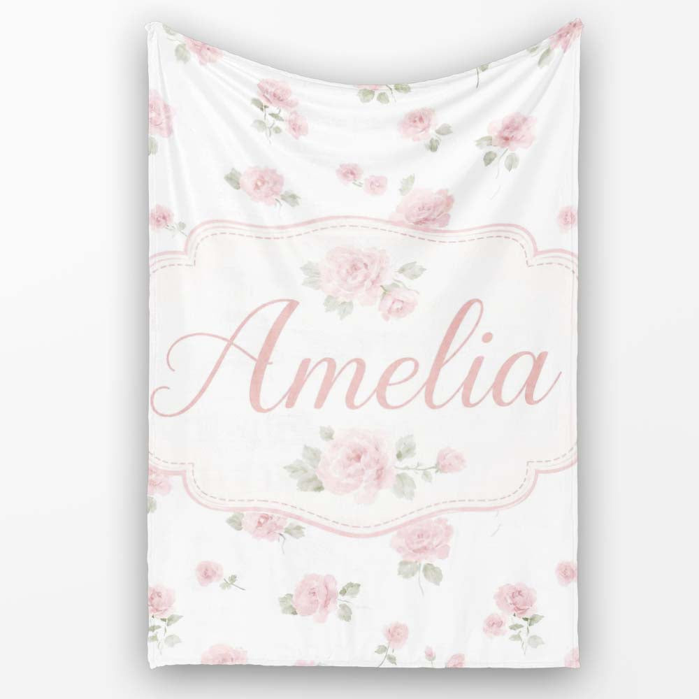 Soft Pink Watercolor Roses Floral Elegant Seamless Pattern Lovely Personalised Custom Name Super Soft Fleece Blanket Bed Sofa Throw