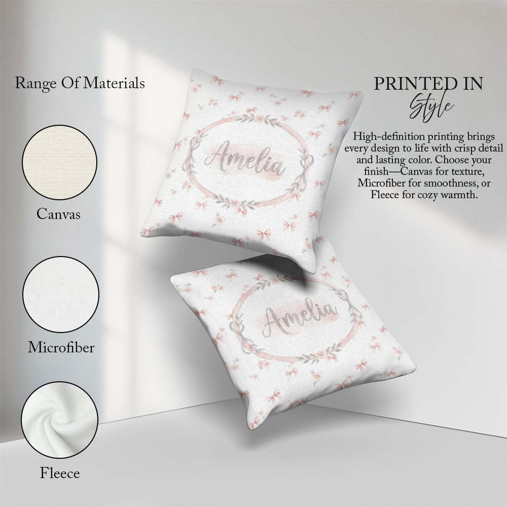 Custom Name Soft Pink Bows and Roses Watercolor Seamless Pattern Square Filled Cushion Throw Pillow Sofa Bed Home Decor Zip Washable UK Made