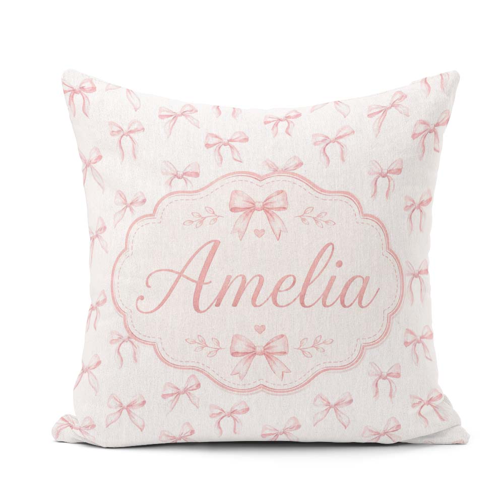 Custom Name Soft Pink Watercolor Bows Minimal Elegant Seamless Square Filled Cushion Throw Pillow Sofa Bed Home Decor Zip Washable UK Made