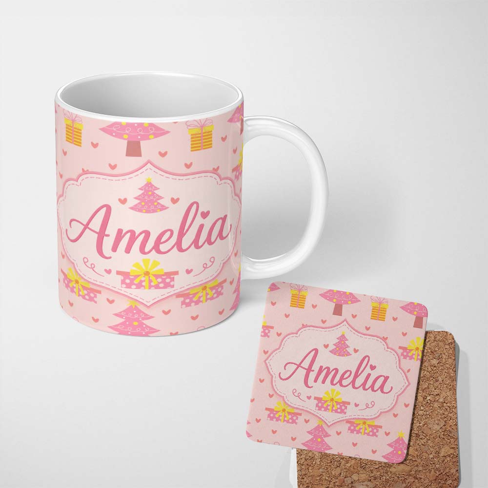 Personalized Custom Name Cute Pink Christmas Tree Gift Hearts Seamless Pattern Lovely 11oz Ceramic Coffee Tea Mug White Large Handle