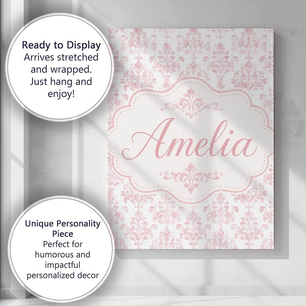 Personalised Name Soft Pink Damask Ornamental Custom Unique Gift Idea Modern Room Accent Canvas Wall Art Print Decor Picture Ready to Hang