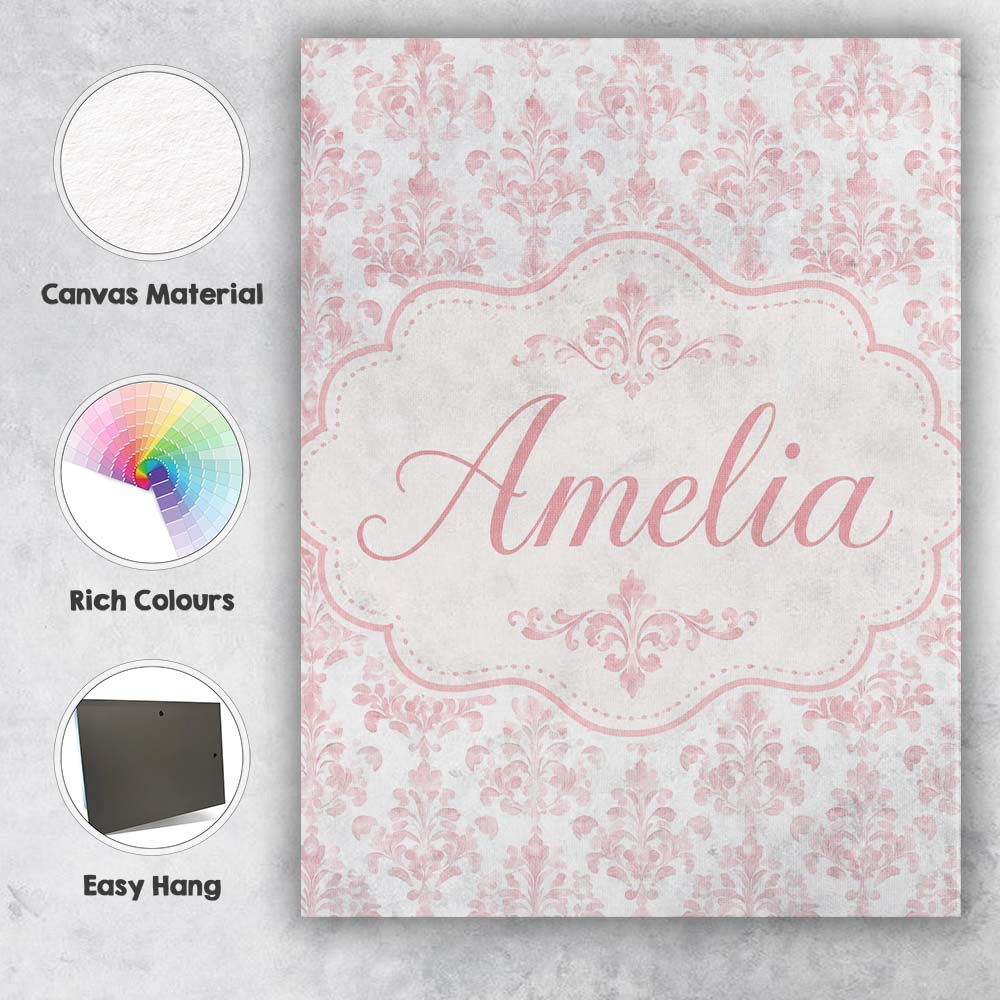 Personalised Name Soft Pink Damask Ornamental Custom Unique Gift Idea Modern Room Accent Canvas Wall Art Print Decor Picture Ready to Hang