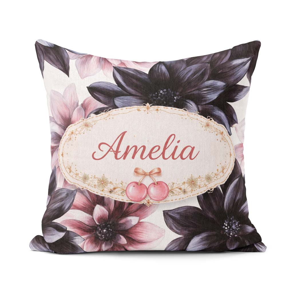 Custom Name Dark Gothic Floral Dahlia Black Pink Elegant Pattern Square Filled Cushion Throw Pillow Sofa Bed Home Decor Zip Washable UK Made