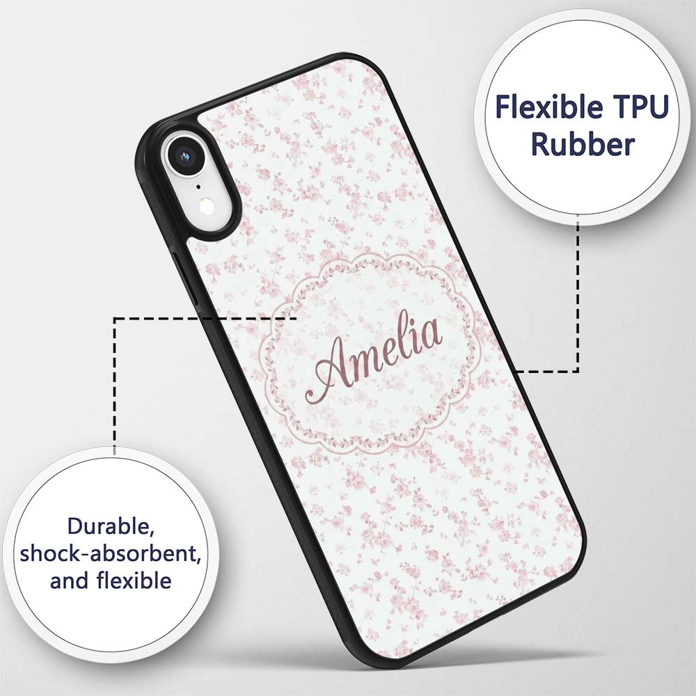 Soft Pink Tiny Floral Sprigs Decorative Design Custom Name Protective Phone Case Mobile Cover Durable Everyday Smartphone Shock Resistant