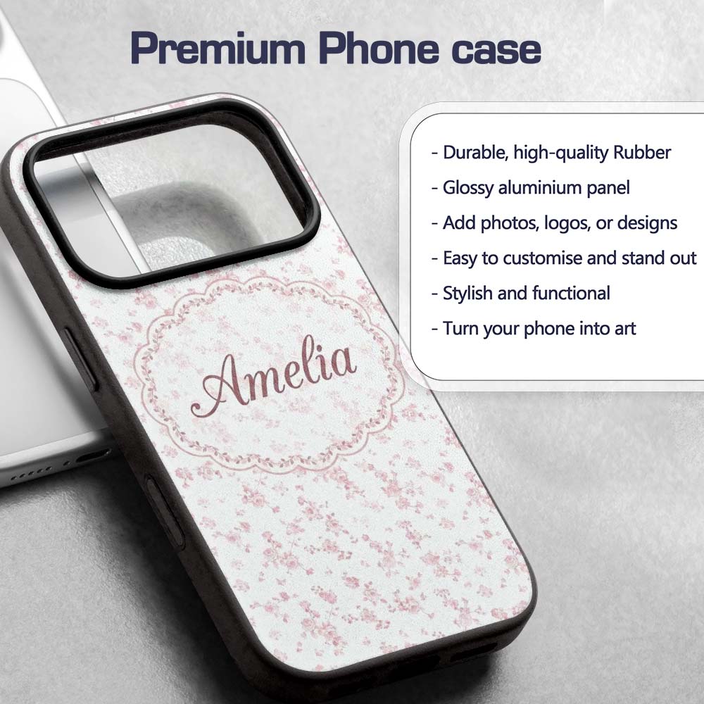 Soft Pink Tiny Floral Sprigs Decorative Design Custom Name Protective Phone Case Mobile Cover Durable Everyday Smartphone Shock Resistant