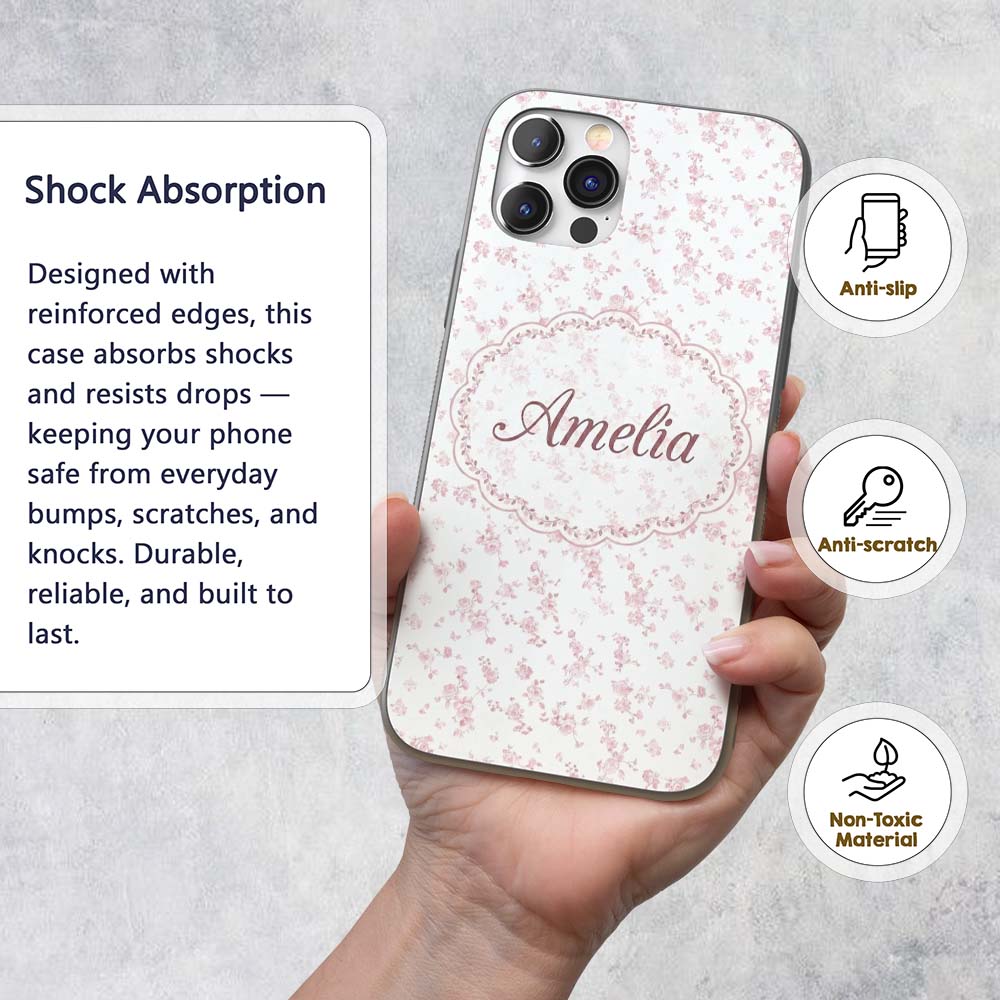 Soft Pink Tiny Floral Sprigs Decorative Design Custom Name Protective Phone Case Mobile Cover Durable Everyday Smartphone Shock Resistant