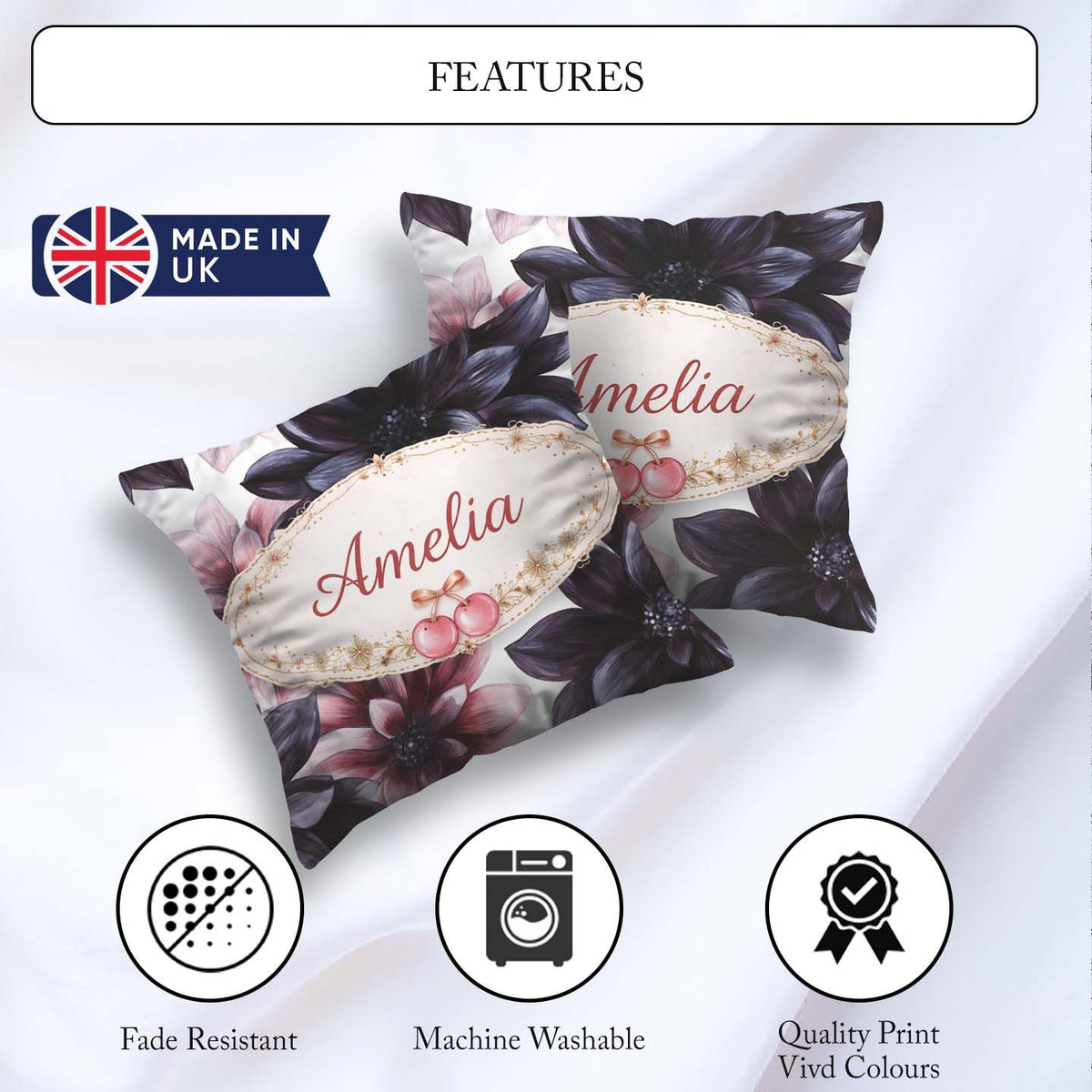 Custom Name Dark Gothic Floral Dahlia Black Pink Elegant Pattern Square Filled Cushion Throw Pillow Sofa Bed Home Decor Zip Washable UK Made