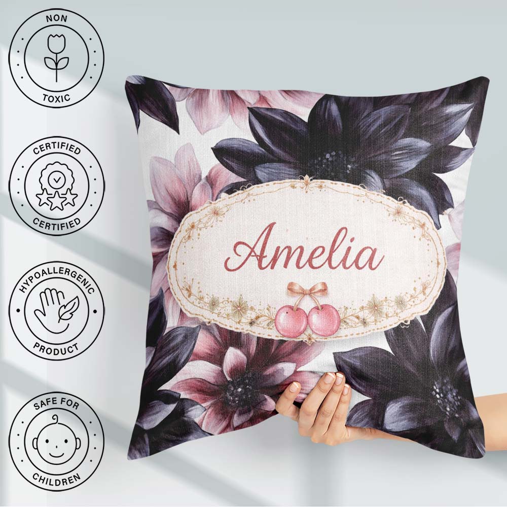 Custom Name Dark Gothic Floral Dahlia Black Pink Elegant Pattern Square Filled Cushion Throw Pillow Sofa Bed Home Decor Zip Washable UK Made