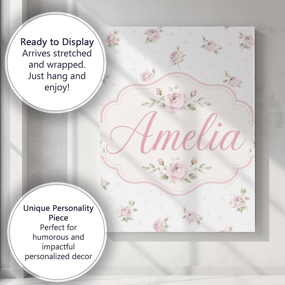 Personalised Name Soft Pink Roses Polka Dot Custom Bespoke Interior Contemporary Canvas Wall Art Print Decor Picture Ready to Hang