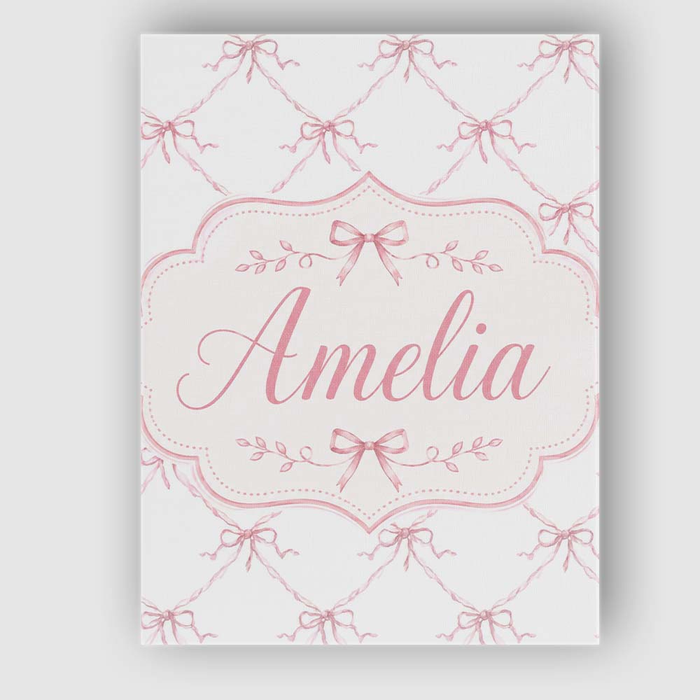 Personalised Name Soft Pink Ribbon Bow Custom Modern Room Accent Elegant Feature Canvas Wall Art Print Decor Picture Ready to Hang