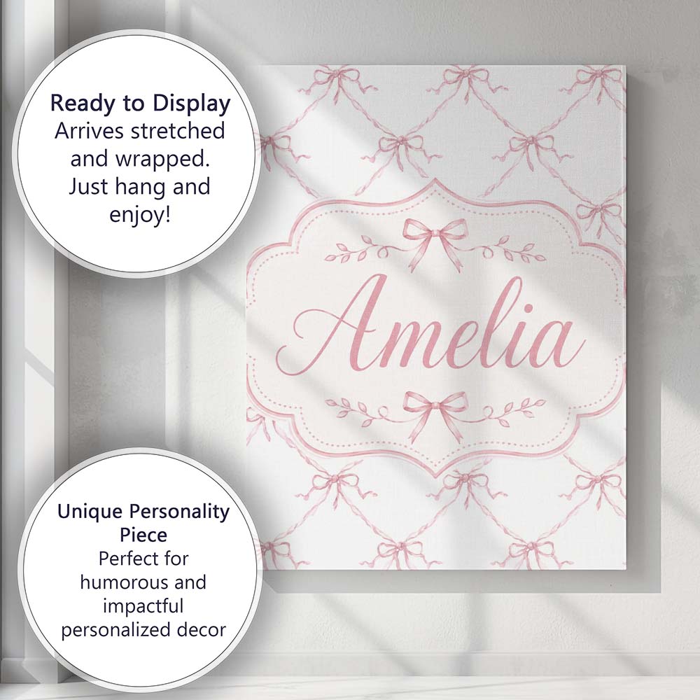 Personalised Name Soft Pink Ribbon Bow Custom Modern Room Accent Elegant Feature Canvas Wall Art Print Decor Picture Ready to Hang