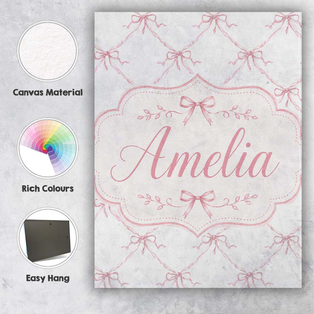 Personalised Name Soft Pink Ribbon Bow Custom Modern Room Accent Elegant Feature Canvas Wall Art Print Decor Picture Ready to Hang