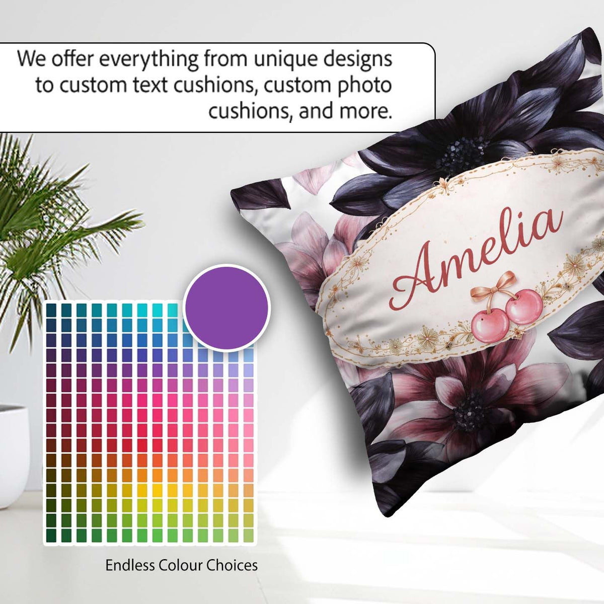 Custom Name Dark Gothic Floral Dahlia Black Pink Elegant Pattern Square Filled Cushion Throw Pillow Sofa Bed Home Decor Zip Washable UK Made