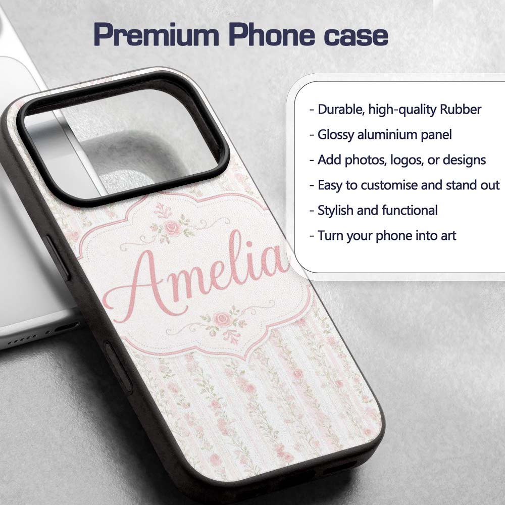 Soft Pink Floral Stripe Vintage Garden Seamless Custom Name Protective Phone Case Mobile Cover Durable Everyday Smartphone Shock Resistant