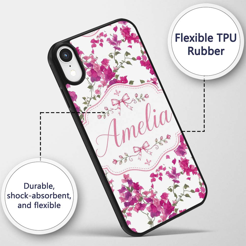 Vibrant Pink Bougainvillea Floral Vine Elegant Custom Name Protective Phone Case Mobile Cover Durable Everyday Smartphone Shock Resistant