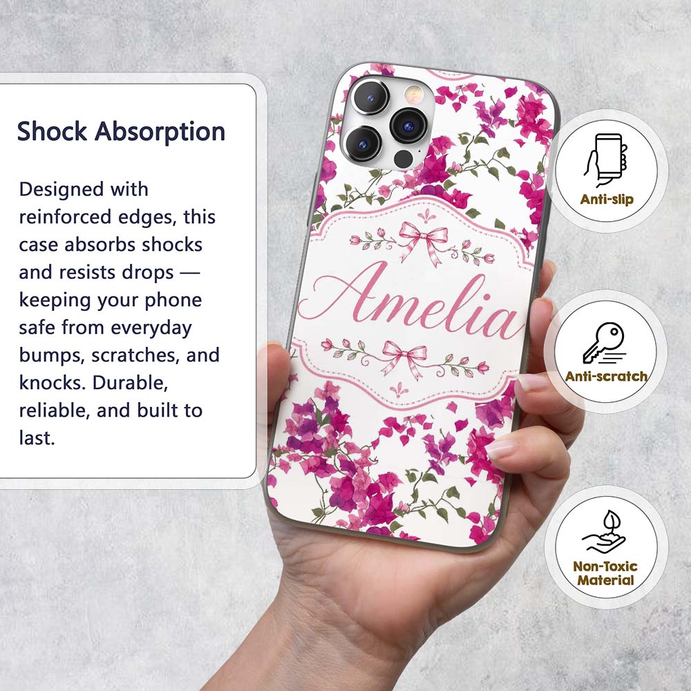 Vibrant Pink Bougainvillea Floral Vine Elegant Custom Name Protective Phone Case Mobile Cover Durable Everyday Smartphone Shock Resistant