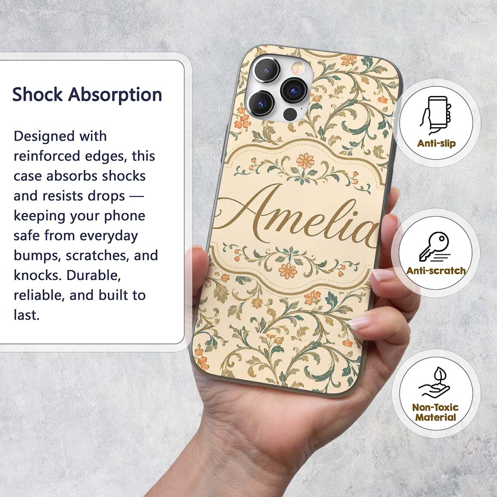 Vintage Beige Floral Scroll Ornamental Classic Custom Name Protective Phone Case Mobile Cover Durable Everyday Smartphone Shock Resistant
