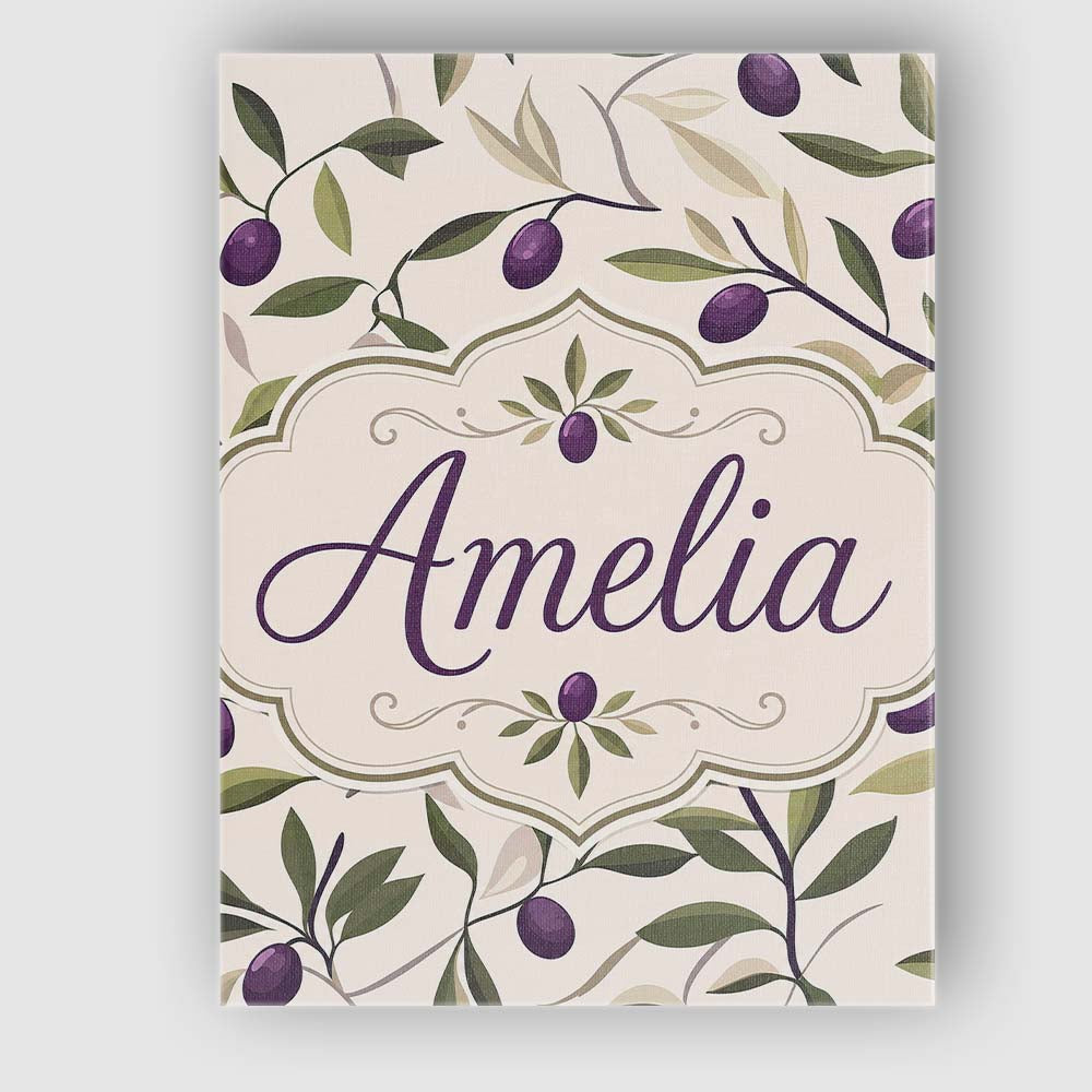 Personalised Name Olive Branch Purple Fruit Custom Bespoke Interior Contemporary Canvas Wall Art Print Decor Picture Ready to Hang