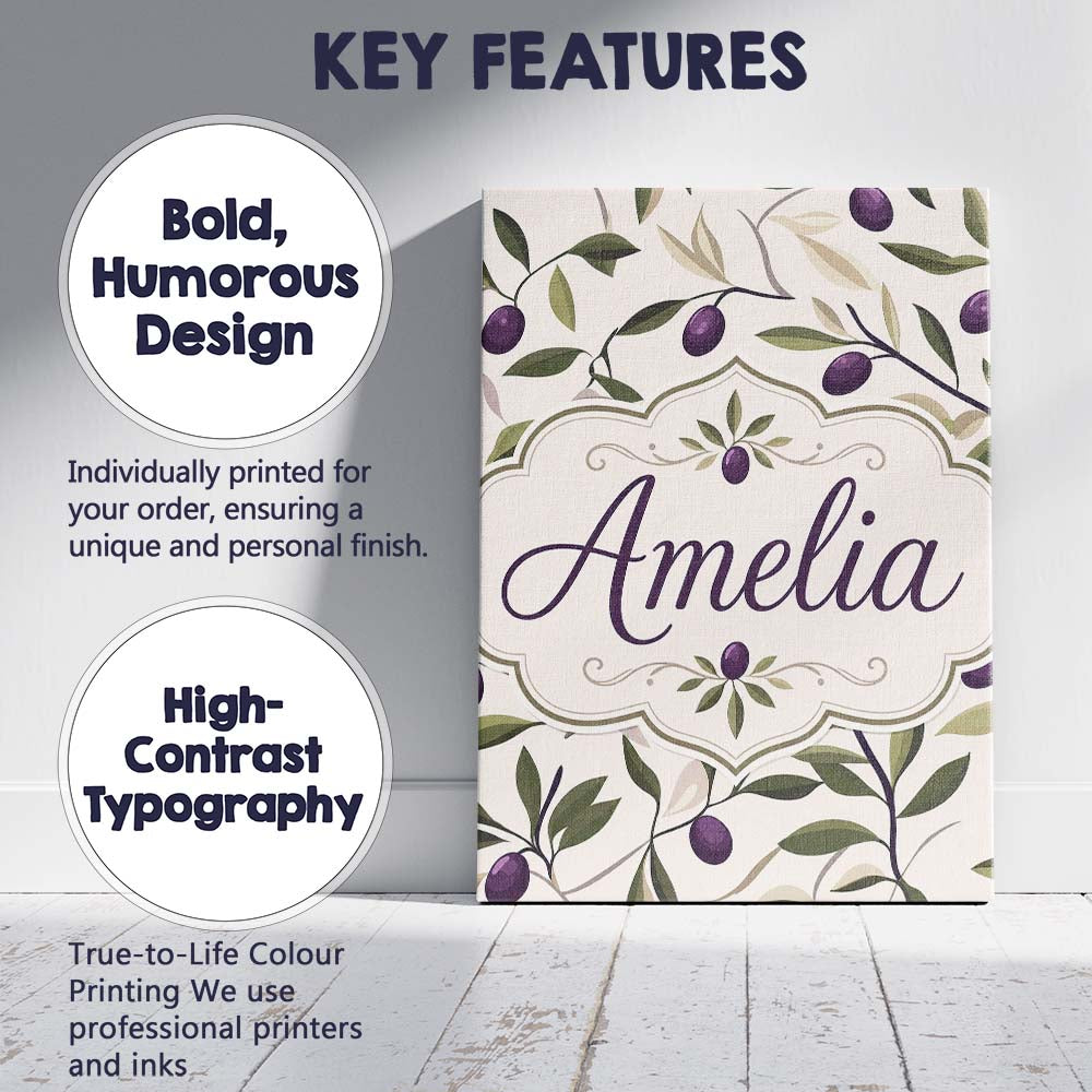 Personalised Name Olive Branch Purple Fruit Custom Bespoke Interior Contemporary Canvas Wall Art Print Decor Picture Ready to Hang