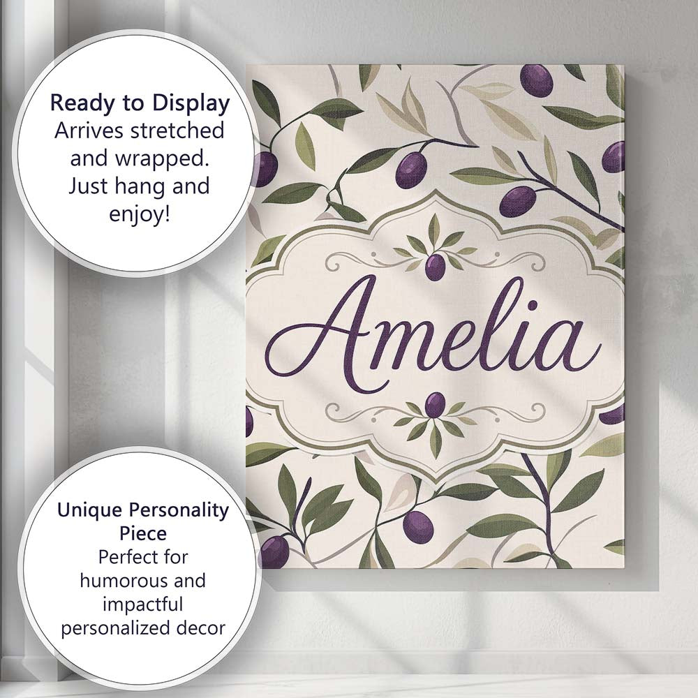 Personalised Name Olive Branch Purple Fruit Custom Bespoke Interior Contemporary Canvas Wall Art Print Decor Picture Ready to Hang