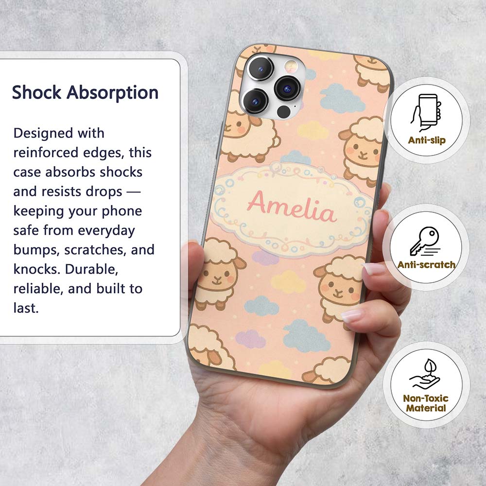 Cute Sheep Cloud Cartoon Farm Animal Pattern Cute Custom Name Protective Phone Case Mobile Cover Durable Everyday Smartphone Shock Resistant