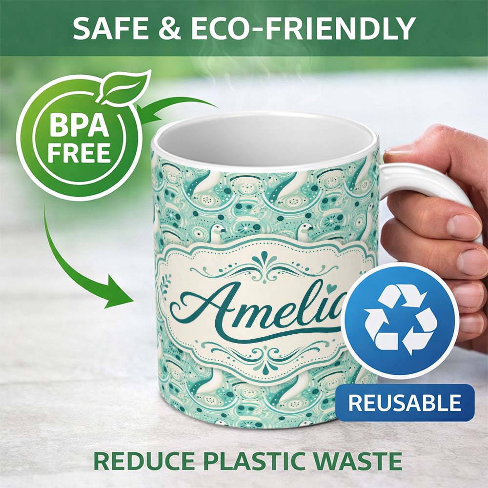 Personalized Custom Name Decorative Stylised Seals with Swirl Ocean Motifs Teal Seamless 11oz Ceramic Coffee Tea Mug White Large Handle