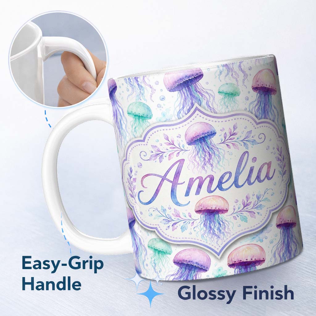 Personalized Custom Name Soft Watercolor Jellyfish in Pastel Purple and Aqua Seamless Marine 11oz Ceramic Coffee Tea Mug White Large Handle
