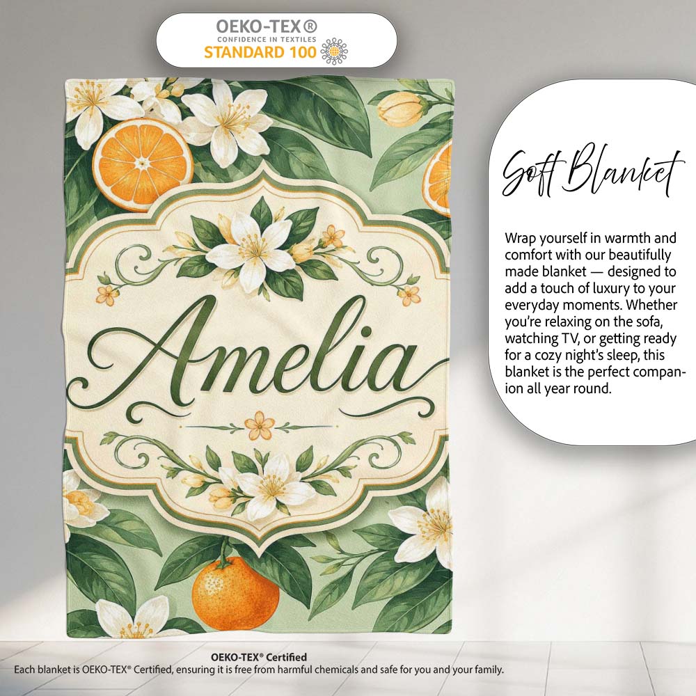 Orange Citrus Fruit Blossom Botanical Seamless Pattern Lovely Personalised Custom Name Super Soft Fleece Blanket Bed Sofa Throw