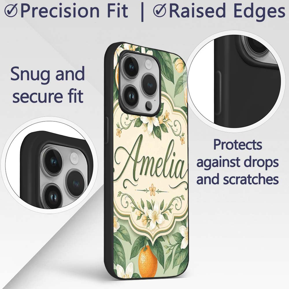 Orange Citrus Fruit Blossom Botanical Seamless Custom Name Protective Phone Case Mobile Cover Durable Everyday Smartphone Shock Resistant