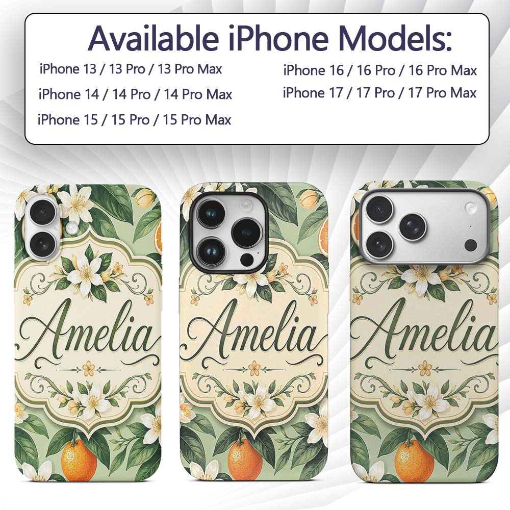 Orange Citrus Fruit Blossom Botanical Seamless Custom Name Protective Phone Case Mobile Cover Durable Everyday Smartphone Shock Resistant
