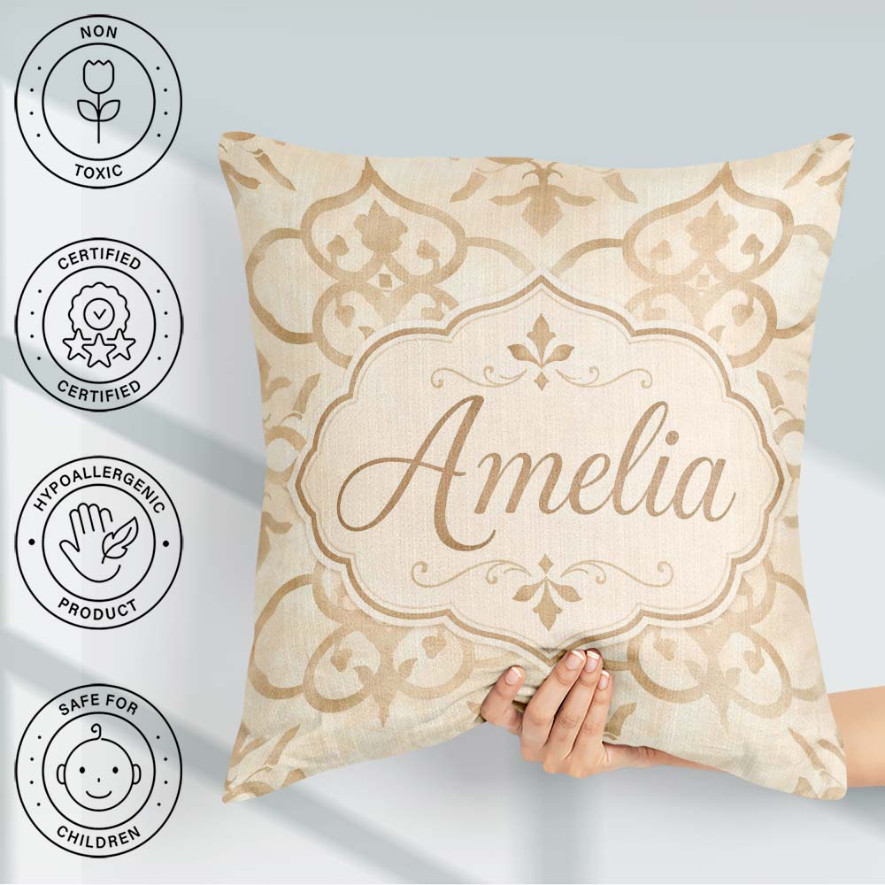 Custom Name Neutral Beige Moroccan Tile Elegant Seamless Pattern Square Filled Cushion Throw Pillow Sofa Bed Home Decor Zip Washable UK Made