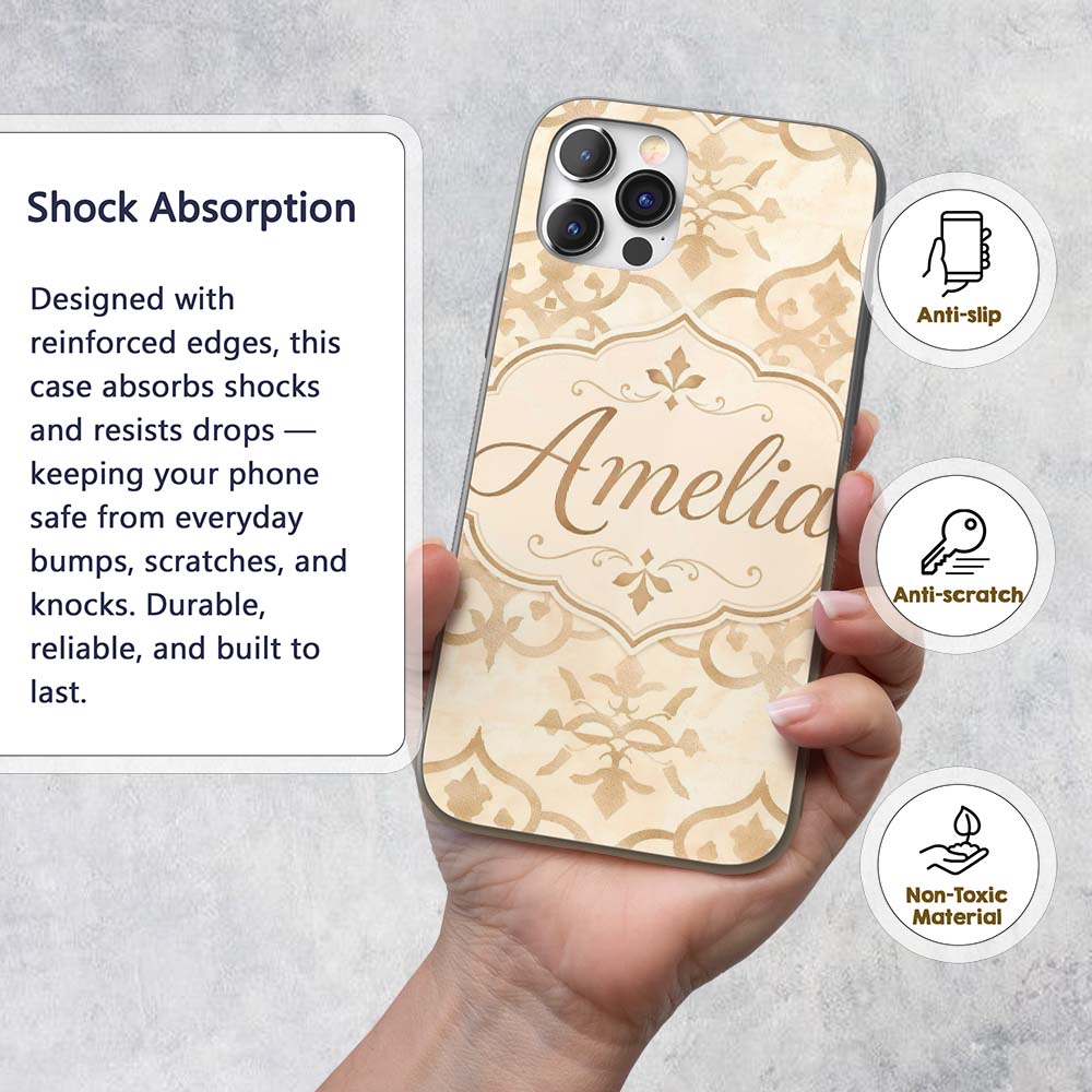 Neutral Beige Moroccan Geometric Tile Elegant Custom Name Protective Phone Case Mobile Cover Durable Everyday Smartphone Shock Resistant
