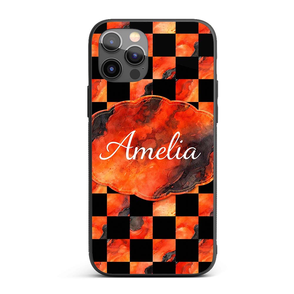 Abstract Orange Black Checkered Marble Geometric Custom Name Protective Phone Case Mobile Cover Durable Everyday Smartphone Shock Resistant