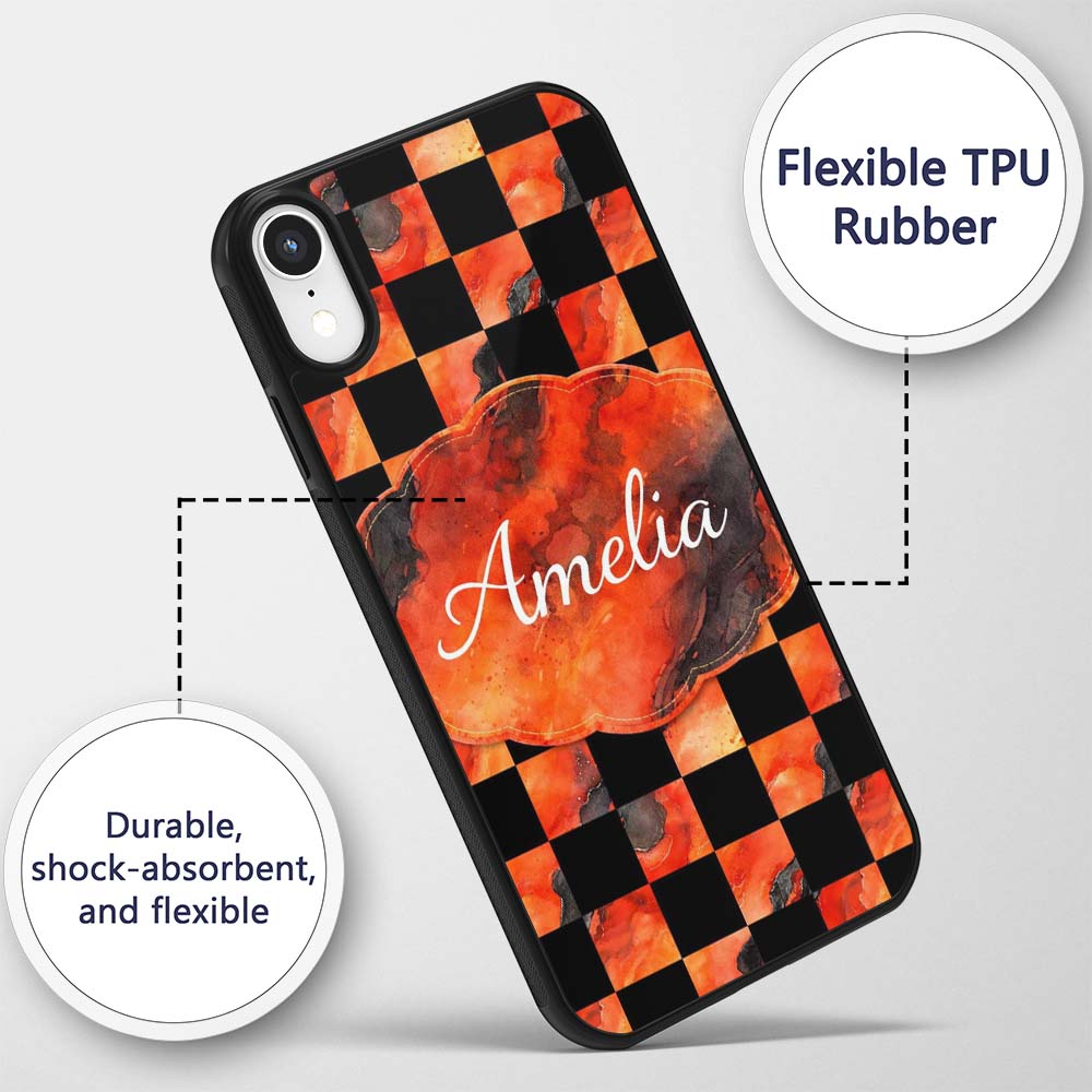 Abstract Orange Black Checkered Marble Geometric Custom Name Protective Phone Case Mobile Cover Durable Everyday Smartphone Shock Resistant