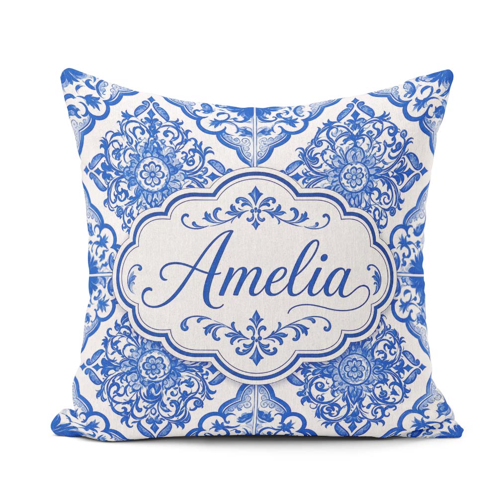 Custom Name Blue Portuguese Azulejo Tile Seamless Pattern Lovely Square Filled Cushion Throw Pillow Sofa Bed Home Decor Zip Washable UK Made