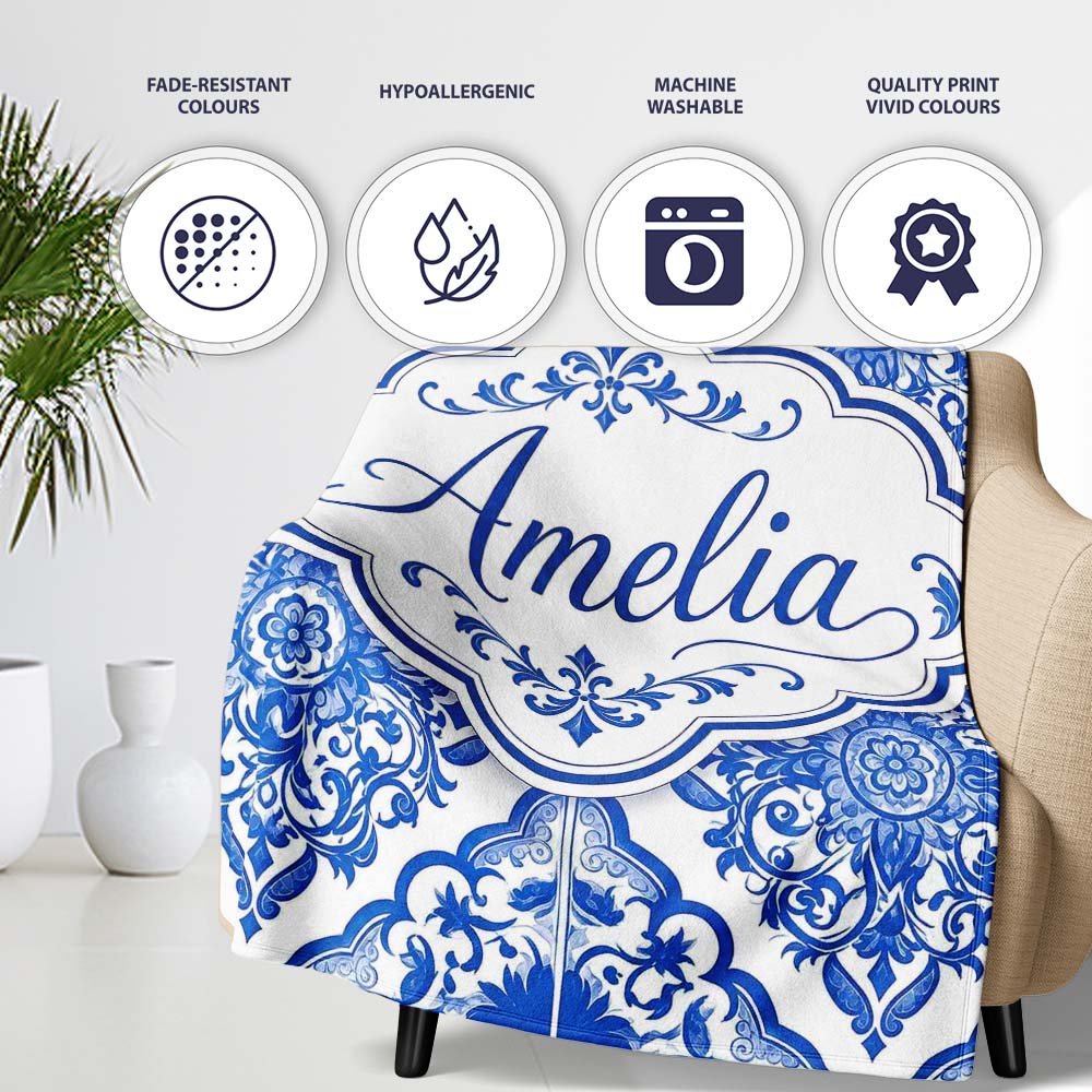 Blue Portuguese Azulejo Ornamental Tile Seamless Pattern Lovely Personalised Custom Name Super Soft Fleece Blanket Bed Sofa Throw